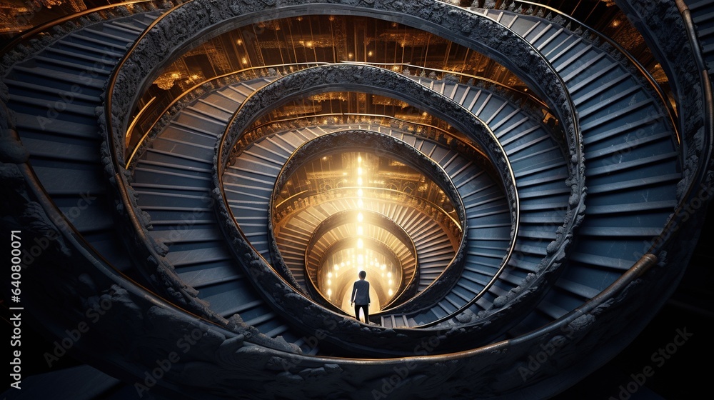 a man standing in the middle of a spiral stair case. generative ai a man standing in the middle of a spiral stair case. generative ai