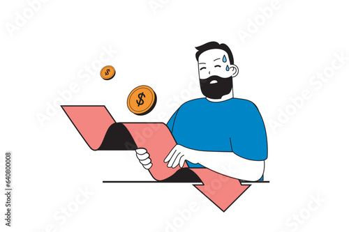 Crisis management concept with people scene in flat web design. Man trying holding financial arrow and supporting economic graphs. Vector illustration for social media banner, marketing material.