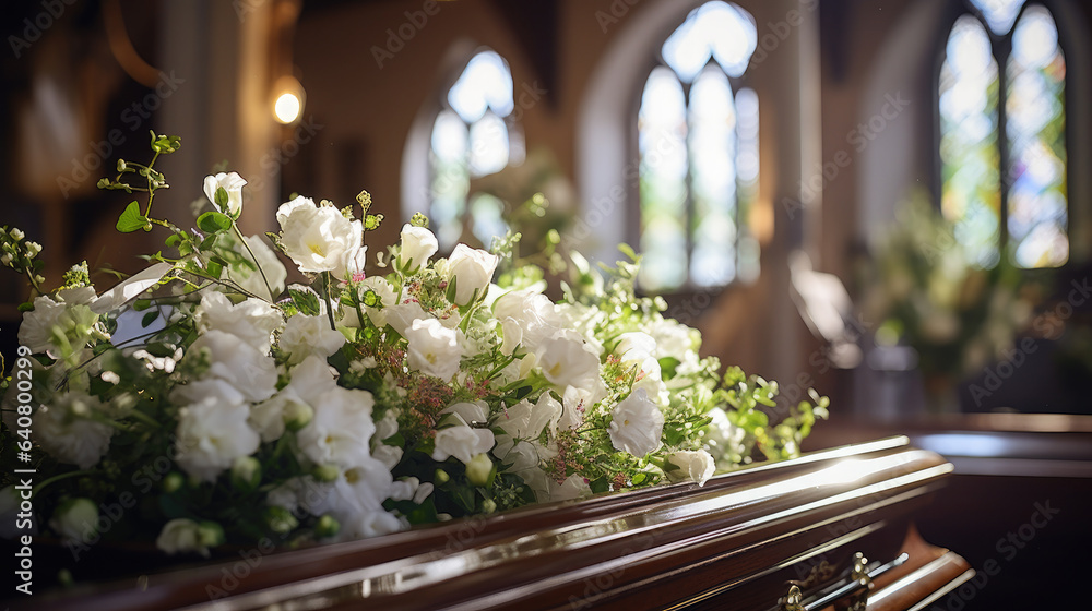 Generative AI, white flowers lie on the coffin in the temple, funeral ceremony, farewell to the deceased, christian catholic church, grave wreath, death, grief, space for text - obrazy, fototapety, plakaty 