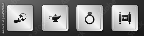 Set Psilocybin mushroom, Magic lamp or Aladdin, stone ring with gem and scroll icon. Silver square button. Vector