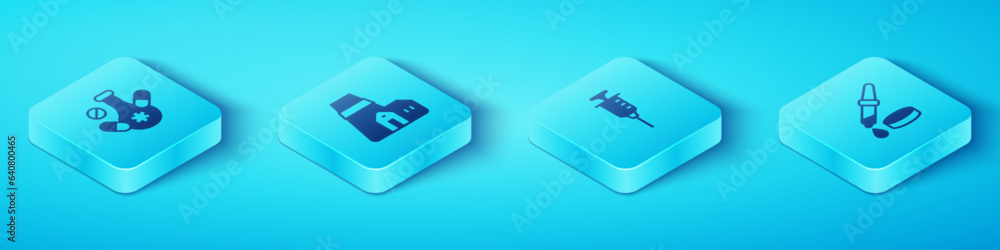 Set Isometric Medicine pill, Power station plant, Pipette and Syringe icon. Vector Set Isometric Medicine pill, Power station plant, Pipette and Syringe icon. Vector
