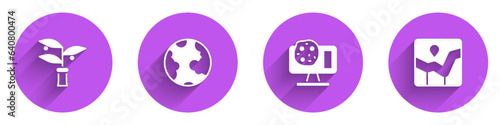 Set Plant breeding, Earth globe, Genetic engineering and Graph chart infographic icon with long shadow. Vector