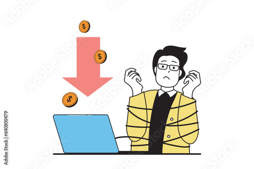 Crisis management concept with people scene in flat web design. Man chained with financial problems, losing money and gets bankruptcy. Vector illustration for social media banner, marketing material.