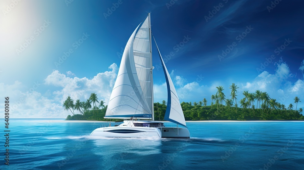  a white sailboat in the middle of a body of water.  generative ai