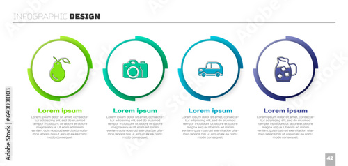 Set Pear, Photo camera, Car and Jug glass with water. Business infographic template. Vector