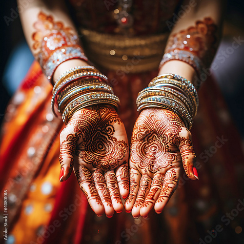 indian wedding mehandi henna coloured reflective ornament hands photo