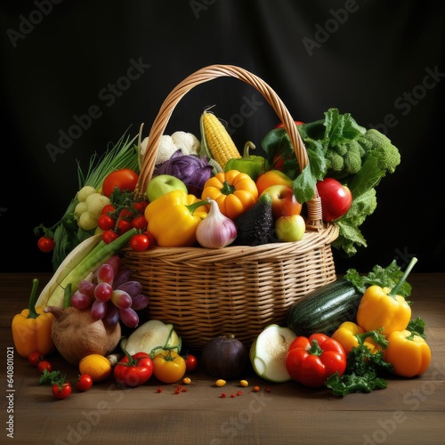 An adorable wicker basket filled with a colorful assortment of organic vegetables and fruits neatly arranged on a clean white background.