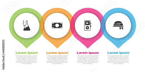 Set Glass bong for smoking marijuana, Stacks paper money cash, Music player and Bandana. Business infographic template. Vector