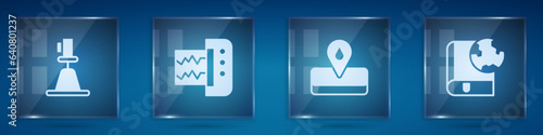 Set Tacheometer, theodolite, Seismograph, Oilfield and Earth globe and book. Square glass panels. Vector