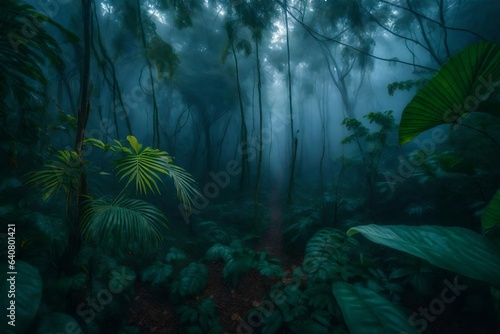 an image of a jungle at dawn  shrouded in mist - AI Generative