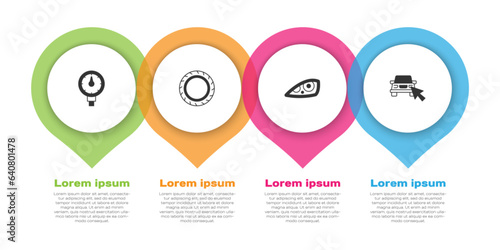 Set Tire pressure gauge, Car tire wheel, headlight and Online car sharing. Business infographic template. Vector