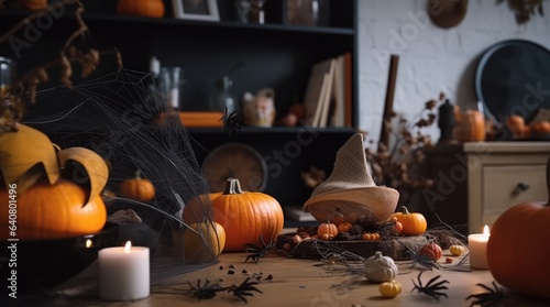 Dark interior of house decorated for Halloween pumpkins  webs and spiders. Living room interior  prepare for halloween theme.