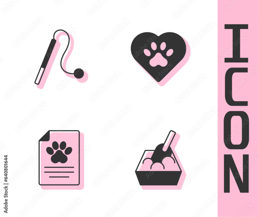 Set Cat litter tray with shovel, Pet cat toy, Medical clinical record pet and Heart animals footprint icon. Vector Set Cat litter tray with shovel, Pet cat toy, Medical clinical record pet and Heart animals footprint icon. Vector