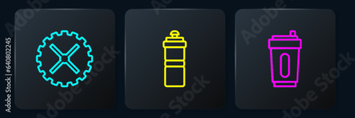 Set line Bicycle sprocket crank, Sport bottle with water and . Black square button. Vector