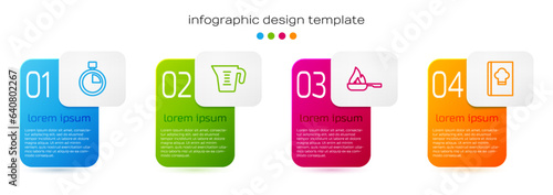 Set line Stopwatch, Measuring cup, Frying pan and Cookbook. Business infographic template. Vector
