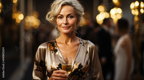 Elegant woman in her 50s, musing with a champagne glass, amidst blurred luxury art gallery backdrop, symbol of affluent lifestyle.