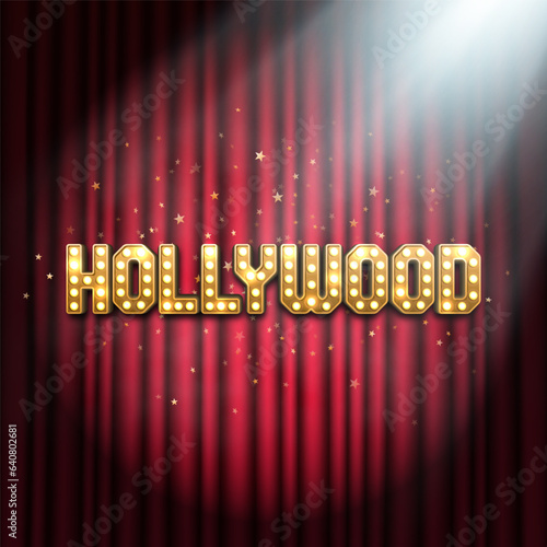Bright Hollywood sign with a curtain. Movie banner or poster in retro style. Vector illustration.