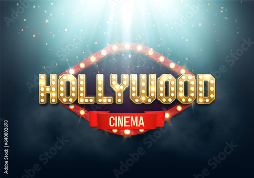 Shining sign Hollywood illuminated by spotlights. Movie banner or poster in retro style. Vector illustration.