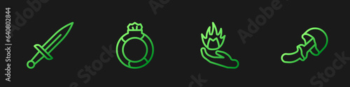 Set line Hand holding a fire, Dagger, Magic stone ring with gem and Psilocybin mushroom. Gradient color icons. Vector