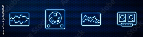 Set line Music wave equalizer, , Drum machine and DJ remote and mixing music. Glowing neon icon on brick wall. Vector