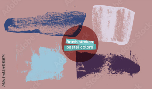 Set of touch paints pastel colors gradation. Realistic High quality textured Brush strokes bundle. Paintbrush circle frames. Round grunge black elements. Rectangle, square and burst text boxes.