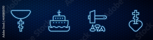 Set line Crucifixion of Jesus Christ, Christian cross chain, Ark noah and Religious heart. Glowing neon icon on brick wall. Vector