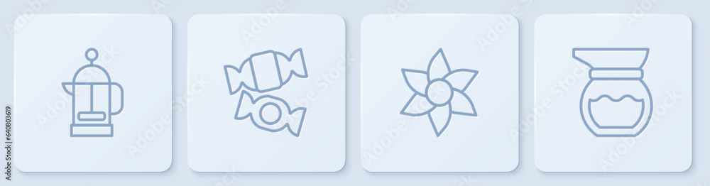 Set line French press, Flower, Candy and Teapot. White square button. Vector Set line French press, Flower, Candy and Teapot. White square button. Vector