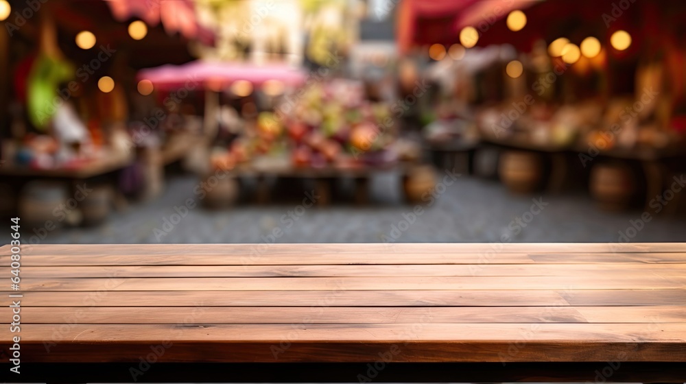 empty wooden table rustical style for product presentation with a blurred market place in the background