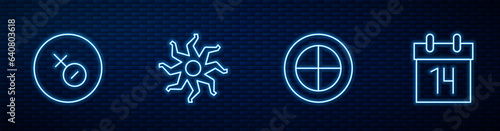 Set line Earth globe, Venus symbol, Sun and Calendar. Glowing neon icon on brick wall. Vector