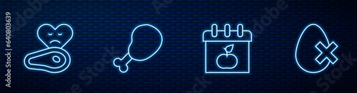 Set line World Vegetarian day, Steak meat, Chicken leg and No egg. Glowing neon icon on brick wall. Vector