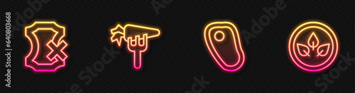 Set line Steak meat, No leather, Carrot and Vegan food diet. Glowing neon icon. Vector