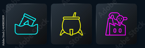 Set line Radioactive waste in barrel, Smoke from factory and Witch cauldron. Black square button. Vector