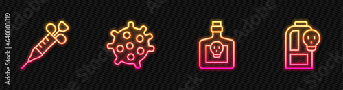 Set line Bottle with potion, Syringe, Bacteria and Beaker toxic liquid. Glowing neon icon. Vector