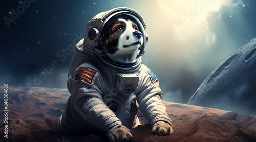 Fantasy portrait of astronaut Animal in space wearing helmet and full space suit, the moon in behind, fantasy, science fiction, 