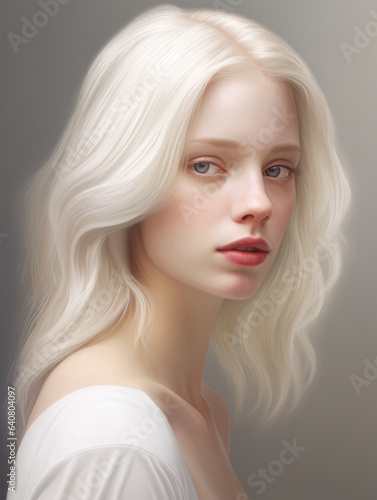 Portrait of a sensual young woman with porcelain pale skin and fair frizz hair on a light background