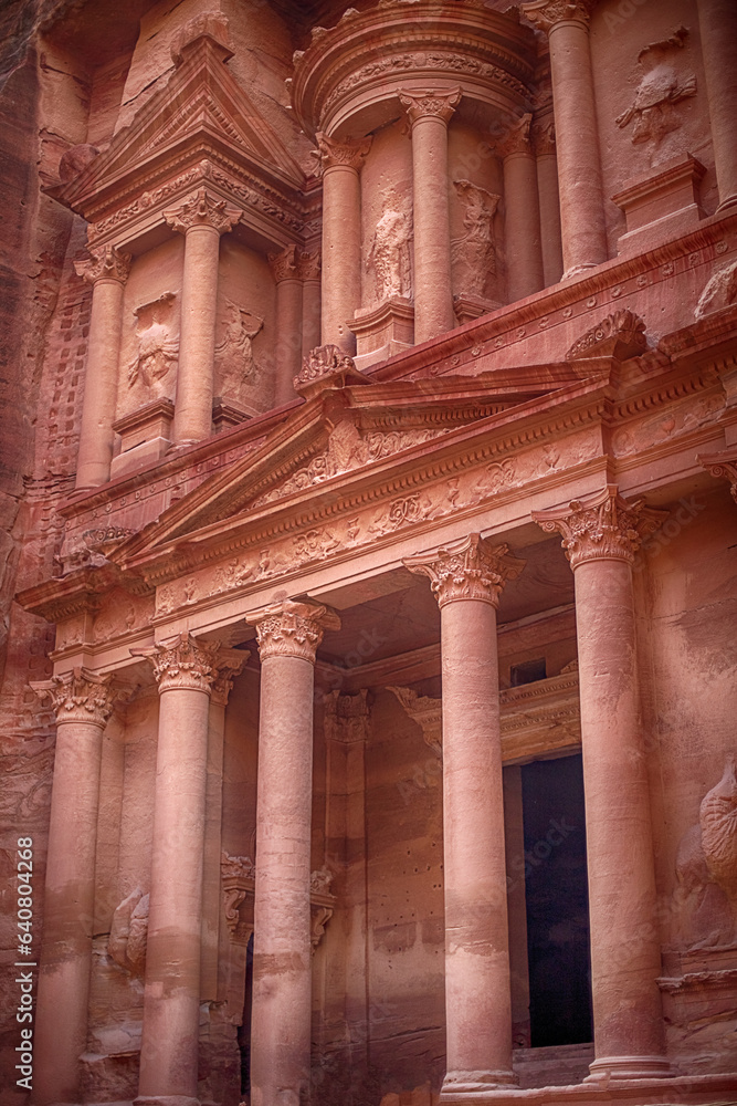 View of the Al-Khazneh Palace or Treasury in Petra, Jordan.