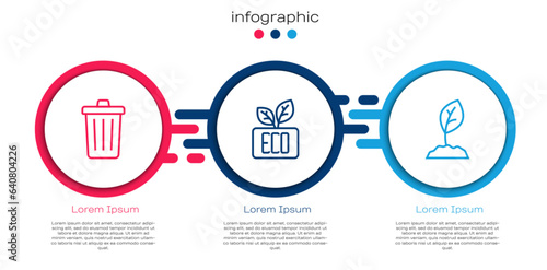 Set line Trash can, Leaf Eco symbol and Sprout. Business infographic template. Vector