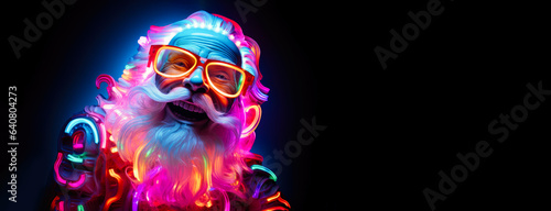 happy sanat clause made of swirl neon gas on dark background  christmas banner.