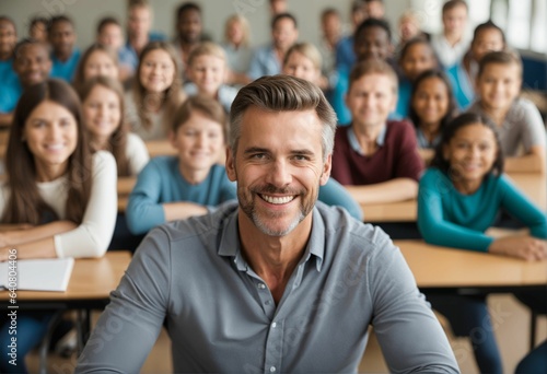 Smiling male teacher in elementary school class - learning students  educational environment