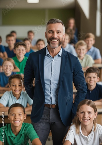 Smiling male teacher in elementary school class - learning students, educational environment