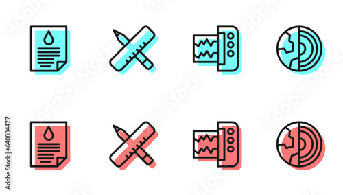 Set line Seismograph, Oil drop document, Crossed ruler and pencil and Earth core structure crust icon. Vector