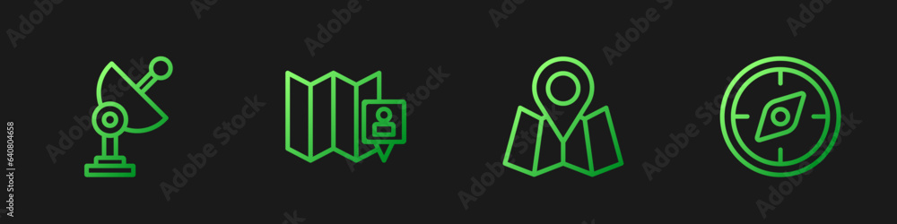 Set line Folded map with location marker, Radar, and Compass. Gradient color icons. Vector Set line Folded map with location marker, Radar, and Compass. Gradient color icons. Vector