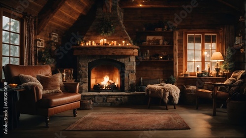 Cozy cabin background with fireplace, windows, and rug