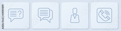 Set line Unknown search, Employee, Speech bubble chat and Telephone handset. White square button. Vector