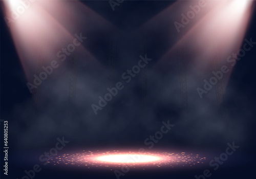 Spotlights. Scene for presentation with smoke illuminated by spotlights. Vector illustration.