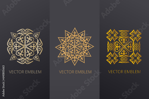 Vintage ornate linear ornaments in Kazakh traditional style. Asian floral designs. Abstract Asian elements of the national pattern of the ancient nomads of the Kyrgyz, Mongols, Kazakhs, Tatars.