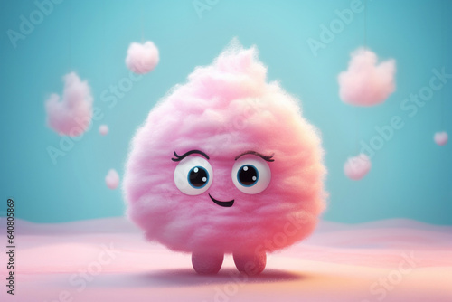 Cute pink cotton candy with eyes on blue background. 3d cartoon illustration 