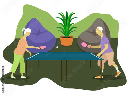 Elderly people actively rest and play table tennis 