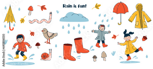 Set of happy children and the autumn outdoor activity. Little girls and boys wear a raincoat and rubber boots. Children jump in a puddle. Rain elements sticker. Clouds, earthworm, bird and snail. 