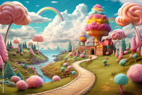 Fantasy landscape with fairy tale castle and rainbow,  illustration for children